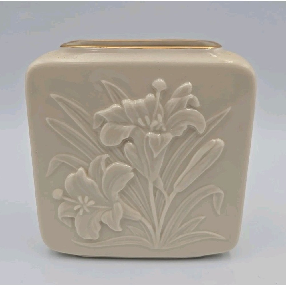 Lenox Floral Tiger Lily Square Vase 24K Gold Trim 4"X4" Vintage Made In USA